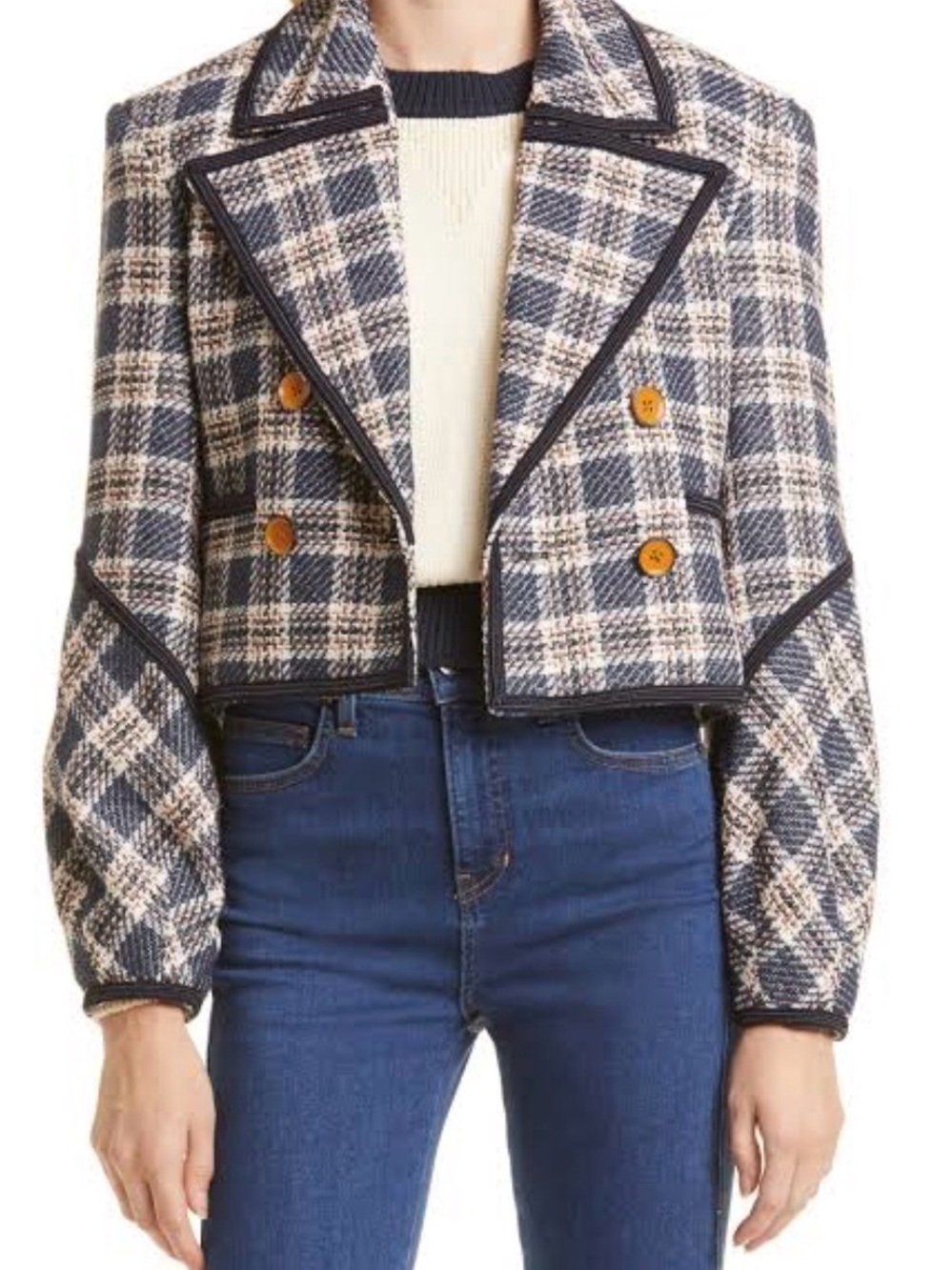 Veronica Beard Cropped Plaid Double-Breasted Jacket - Navy & Cream